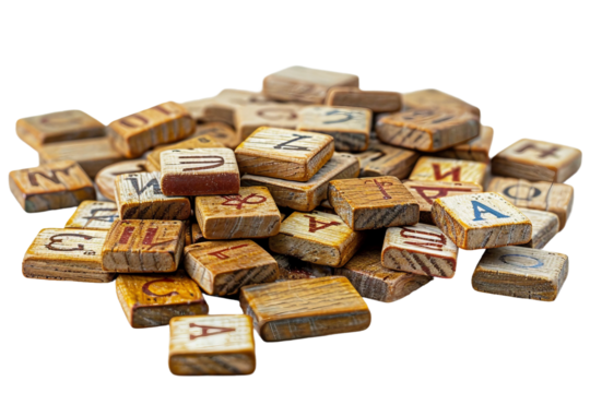 Traditional Scrabble Game Components with Board and Letter Tiles isolated on transparent background