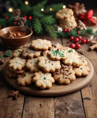 Fototapeta premium Freshly baked Christmas cookies on a wooden table, sweet treat, winter wonderland, holiday