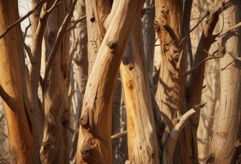 Fractured tree trunks and branches depicted as abstract, angular forms in a palette of warm browns and tans, earthy colors, rugged surfaces