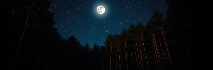 Forest in moonlit night with stars above, atmosphere, ambiance