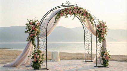 Floral decorated metal wedding archway with flowing ribbons, bohemian wedding, elegant entrance, romantic atmosphere, natural textures, outdoor wedding decor