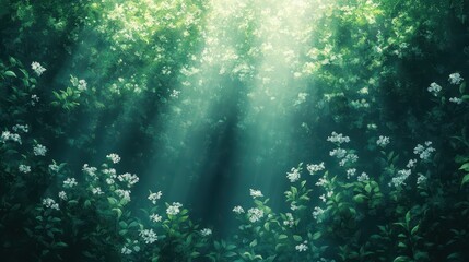 Obraz premium A serene forest scene illuminated by soft sunlight filtering through foliage.