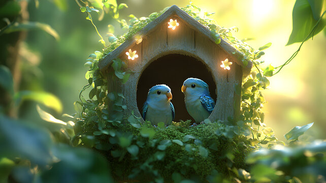Playful parakeets in cozy birdhouse surrounded by lush greenery