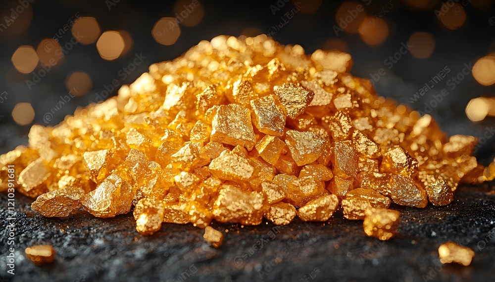 Poster close-up of shimmering golden crystals on dark surface with bokeh background creating a luxurious an