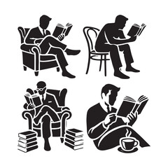Abstract-themed set of reading man silhouette digital art ideal for creatives - man reading vector set - man reading illustrations set
