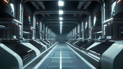 Fototapeta premium Automated milking of cattle in modern dairy barn on large scale farm with advanced technology