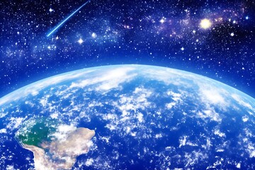 Earth from space with meteor and stars.
