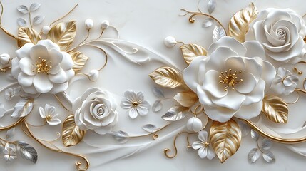 3D wallpaper with a white and gold floral background