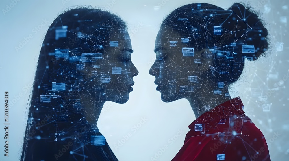Poster two profiles facing each other with a digital overlay representing data and connections.
