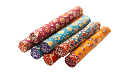 Colorful decorative rolling pins on white background.