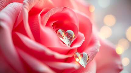 Romantic Valentine&rsquo;s Day background with soft pink, red, and white tones, scattered rose petals, glowing fairy lights, and delicate hearts. Dreamy bokeh effects and ample space for design or text