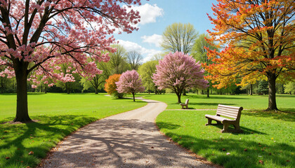 Colorful spring blooms lining a winding park trail, nature's beauty, Walking Trails, Mild Weather