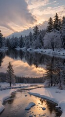 Fototapeta premium Winter Sunset by a Frozen River 