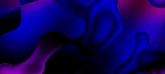 Abstract blue and purple liquid wavy shapes futuristic banner. Glowing retro waves wide background
