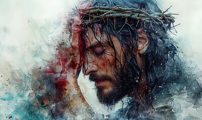 watercolor drawing of Jesus in a crown of thorns