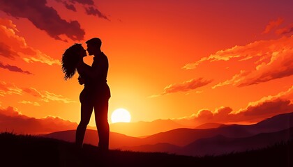 Silhouetted African American Couple Sharing a Romantic Kiss at Sunset, Pixel Art Illustration