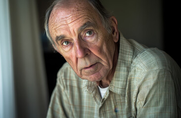 An elderly man appears lost in thought as he gazes out of a window in a cozy room. Soft light illuminates his face, highlighting his intense expression and deep lines of experience.