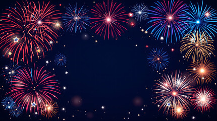 Naklejka premium Dynamic independence day banner featuring vibrant fireworks and scattered stars