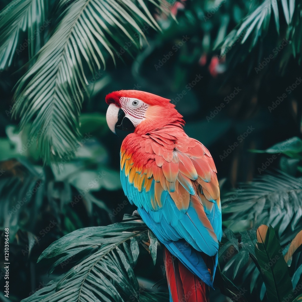 Poster closeup of a colorful parrot perched on a branch in lush greenery detailed feather display side view