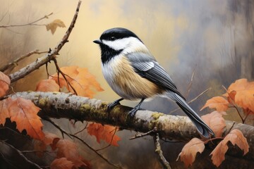 Fototapeta premium Black-Capped Chickadee Perched on a Tree Branch. Bird Photography. Wildlife and Nature. Avian Fauna of Songbirds