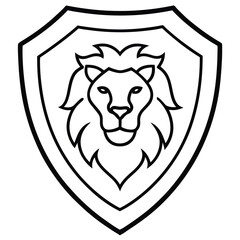 Obraz premium Lion Head in Shield Line Art Vector Illustration and Logo Outline Design