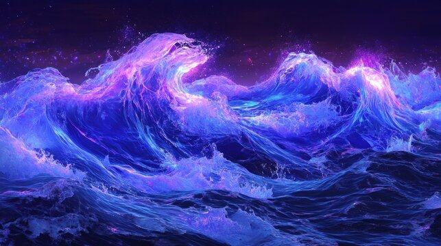 digital artwork of glowing neon waves in blue and purple, futuristic and dynamic, high detail, sleek and vibrant, modern and artistic atmosphere
