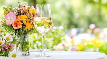 White wine and flowers on a table outdoors. Garden background.  For summer promotions