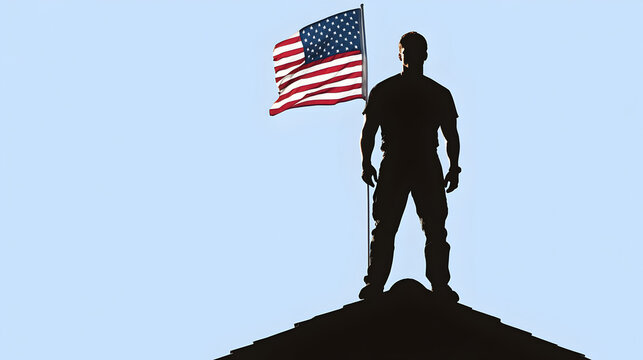 recommend clip art: A silhouette of a person standing on a rooftop with the American flag waving. Rooftop flag design.
                    
                    
                    