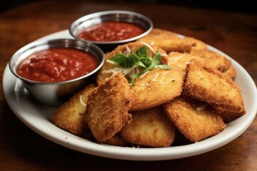 Breaded and Fried Toasted Ravioli with Marinara Sauce and Cheese. Classic and delicious Italian Appetizer with Tomatoes