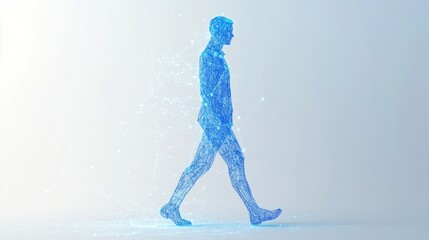 Digital human figure walking, minimalist blue wireframe, futuristic tech-inspired design, glowing effect, isolated on white, sleek abstract representation, cyber concept