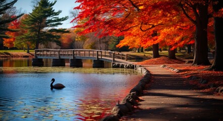 Fototapeta premium Cape Cod Fall Foliage in New England: A Colourful Autumn at Dennis's Duck Pond and Surrounding Trees