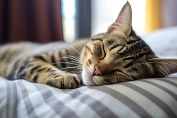 Obraz premium Cat Curled Up: Adorable Brown Tabby Sleeping Peacefully on a Cozy Bed