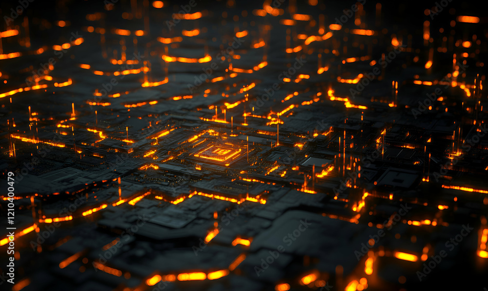 Poster abstract digital art depicting a glowing circuit board, showcasing intricate pathways and a central 