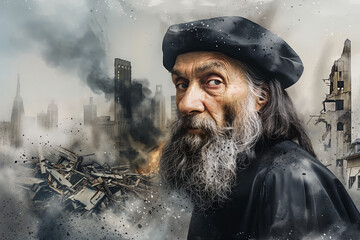 Watercolor Illustration Prophetic Vision of Nostradamus Post-Apocalyptic Urban Wasteland.