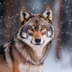 Obraz premium Close-up of a wolf in the snow, its piercing eyes and detailed fur illuminated by the golden glow of sunlight
