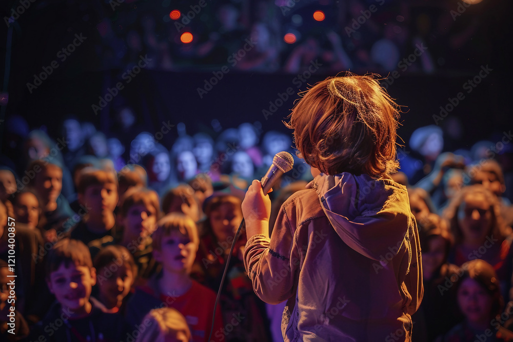 Poster cute kid on stage ready for performance on stage generative ai image