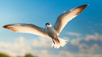 Obraz premium Close-up of Common Tern Seagull in the Wild, Danube Delta Romania. Beautiful Bird in Flight Overlooking the Sea and Sky