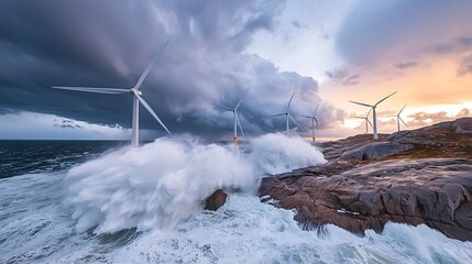 Offshore wind turbines withstand stormy sea; coastal rocks, dramatic sunset
