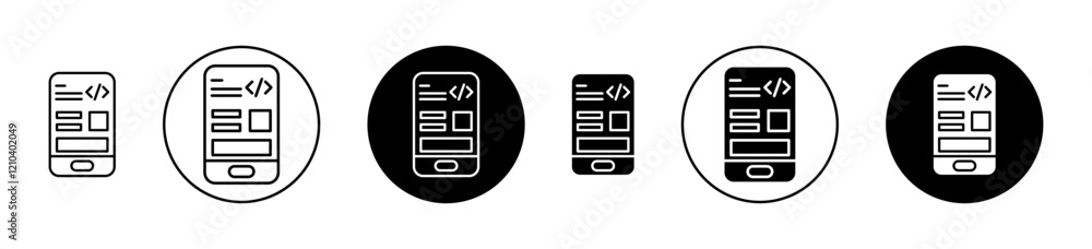 Poster mobile app development icons set in black filled and stroke line style