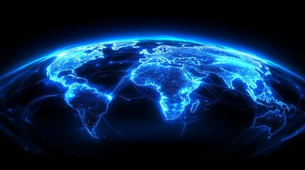 Digital representation of the Earth with glowing connections, futuristic and high-tech, highly detailed, deep and sleek, dynamic and powerful, global and advanced atmosphere