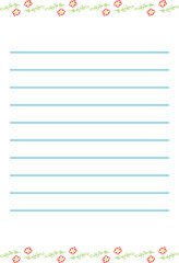 Lined paper Decorative floral border Cute empty diary blank Flowers frame Suitable for stationary sheet, print, writings daily note pad, school Notepad paper note book page design Copy space