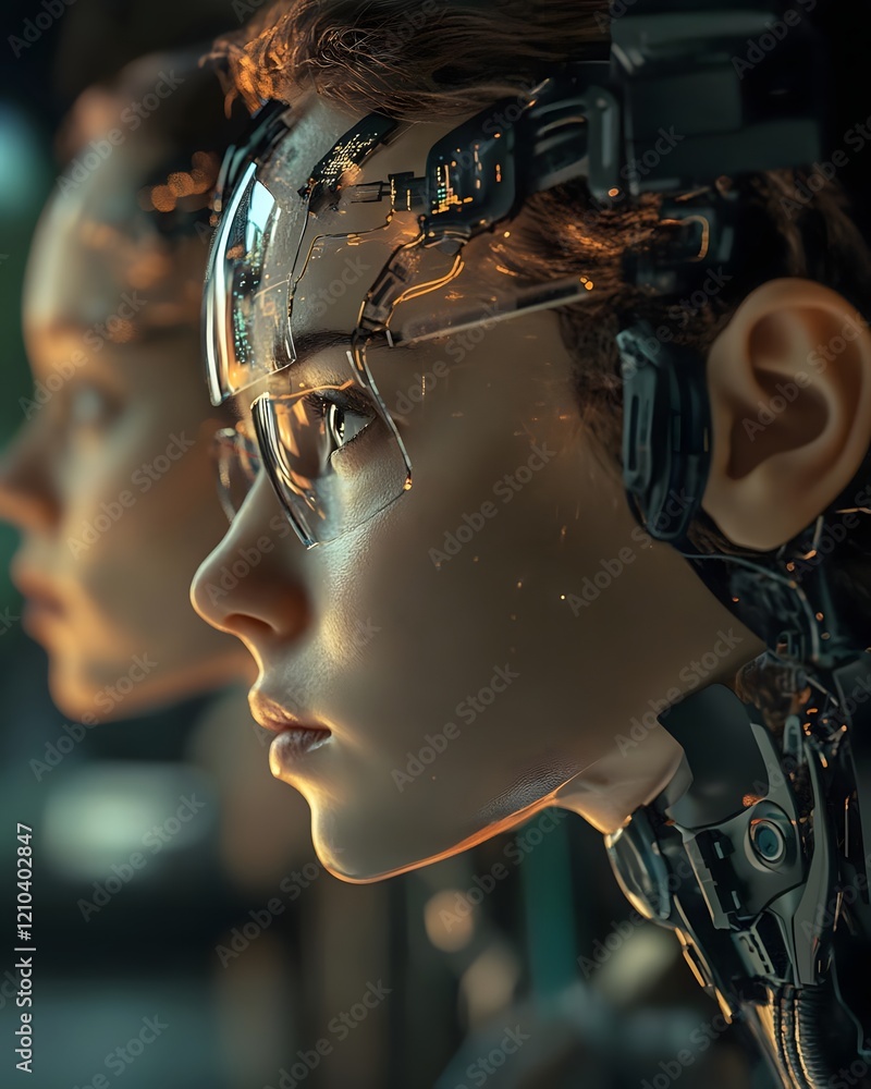 Aufkleber close-up of humanoid robots with intricate designs and futuristic features.