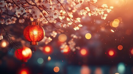 Obraz premium Glowing Lantern and Cherry Blossoms Spring Image