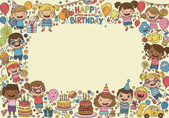Fototapeta premium Happy Birthday Party Invitation Diverse Children Celebrating with Cakes and Balloons