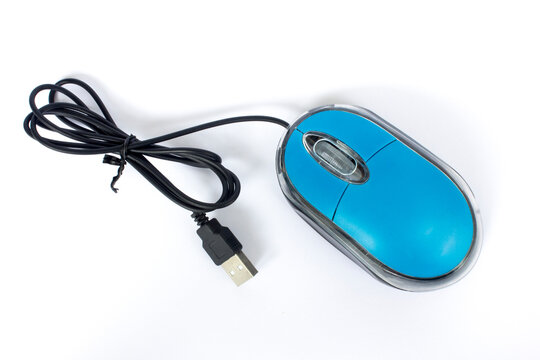 Blue pc mouse on cable isolated on white background.