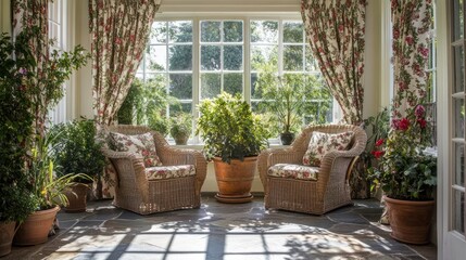 Fototapeta premium Sunlit Conservatory with Wicker Chairs and Potted Plants Creating a Relaxing Ambiance