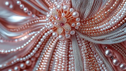 Elegant jewelry pattern of pink pearls and rhinestones with flower centerpiece