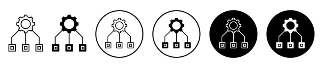 Workflow icons set in black filled and stroke line style