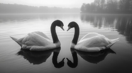 Fototapeta premium Two Black Necked Swans Display Affection On Misty Lake