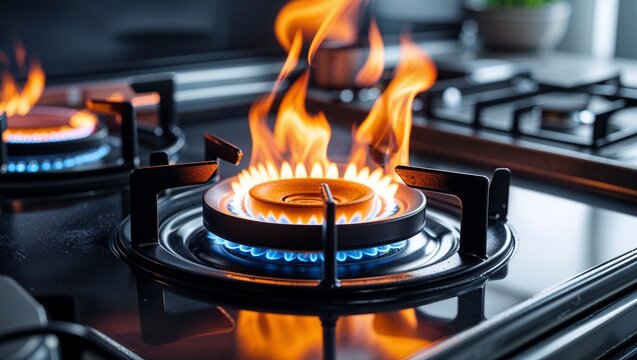 Flames erupting from a modern gas stovetop in kitchen setting dramatic mood